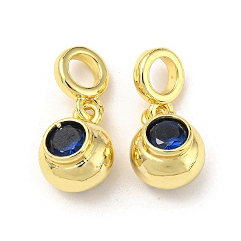Brass with Cubic Zirconia Pendant, Round, Prussian Blue, 23.5x11x9.5mm, Hole: 5mm