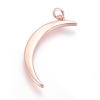 Brass Pendants, with Jump Ring, Moon, Rose Gold, 31x10x2mm, Hole: 2.5mm