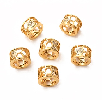 Brass Micro Pave Clear Cubic Zirconia European Beads, Long-Lasting Plated, Large Hole Bead, Column with Hexagon, Real 18K Gold Plated, 10x6.5mm, Hole: 7mm
