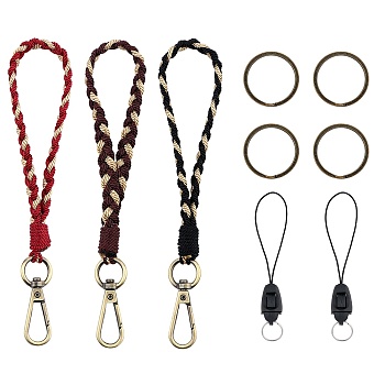 3Pcs Boho Macrame Wristlet Keychain Keying, Handmade Braided Tassel Wrist Lanyard with Portable Anti-Lost Mobile Rope for Women, Black, 19cm, 3 colors, 1pc/color