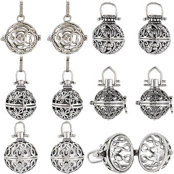 10Pcs 5 Styles Tibetan Style Brass Cage Pendants, For Chime Ball Pendant Necklaces Making, Hollow Round, Antique Silver, 21.5~31x24~26x20~23mm, Hole: 3.5~9x3.5~10mm, 2pcs/style