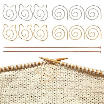 2Pcs Bamboo Single Pointed Knitting Needles, and 12Pcs 4 Style Iron Spiral Cable Knitting Needle, Circle & Cat's Head, Platinum & Light Gold, Spiral Needle: 33~39x32.5~34.5x2mm, Straight Needle: 400x8x3.75mm