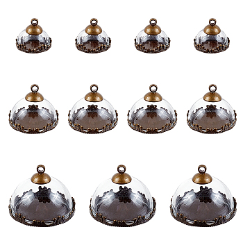 CHGCRAFT 12Sets 3 Style Glass Dome Cover, Decorative Display Case, Cloche Bell Jar Terrarium with Alloy Base, Antique Bronze, 9~14.5x15~24.7mm, 4sets/style
