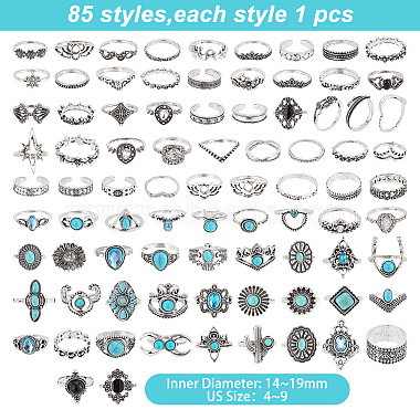 ARRICRAFT 85Pcs 85 Style Rhombus & Crown & Heart & Moon & Flower Rhinestone Open Cuff Rings Set with Imitation Turquoise Beaded(RJEW-AR0001-03)-2