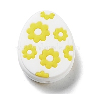 Easter Egg with Flower Silicone Beads, White, 29.5x23x9.5mm, Hole: 2.5mm(SIL-R014-06D)