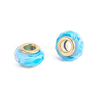 Faceted Glass European Beads, Large Hole Beads, with Golden Color Brass Core, Rondelle, Light Sky Blue, 13.5~14x8.5~9mm, Hole: 5mm(GPDL-E004-03A)