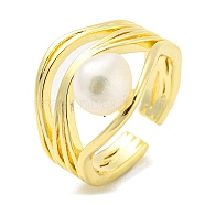 Natural Pearl Open Cuff Ring, Brass Hollow Finger Ring, Real 14K Gold Plated, US Size 7(17.3mm)(RJEW-H220-21G)