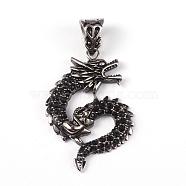 316 Surgical Stainless Steel Rhinestone Pendants, Dragon, Antique Silver, 41.5x26x4mm, Hole: 9.5x4.5mm(STAS-K086-20AS)