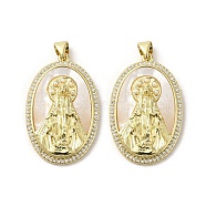 Brass Pave Shell Pendants, Religion Virgin Mary Charms with ABS Imitation Pearl, Real 18K Gold Plated, Oval, 32x20x5mm, Hole: 3.5x5mm(KK-I708-16E-G)