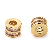 Brass Micro Pave Cubic Zirconia Beads, Real 18K Gold Plated, Flat Round, Pink, 8x6mm, Hole: 1mm(KK-D093-04G-01)