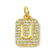 Rack Plating Brass Micro Pave Clear Cubic Zirconia Charms, Long-Lasting Plated, Lead Free & Cadmium Free, Rectangle with Letter Pattern, with Jump Ring, Real 18K Gold Plated, Letter U, 14x9.5x2mm, Hole: 3mm(KK-G501-01U-G)