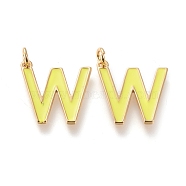 Brass Enamel Pendants, with Jump Ring, Long-Lasting Plated, Real 18K Gold Plated, Letter.W, Champagne Yellow, Letter.W, W: 18x17x1.8mm, Jump Rings: Inner Diameter: 3mm(KK-R139-02W)