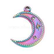 Vacuum Plating 304 Stainless Steel Pendant Rhinestone Cabochons, Moon, Rainbow Color, 18x13.5x1.5mm, Hole: 1.5mm, Fit for 1mm Rhinestone(STAS-P288-17M)