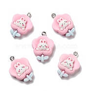 Opaque Resin Pendants, with Platinum Tone Iron Loops, Flower with Rabbit, Pink, 27.5x19.5x7mm, Hole: 2mm(RESI-D055-080P)