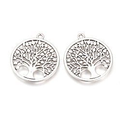 Tibetan Style Alloy Pendants, Cadmium Free & Nickel Free & Lead Free, Flat Round with Tree of Life, Antique Silver, 38x34x2mm, Hole: 2mm, about 120pcs/1000g(TIBE-Q070-161AS-NR)