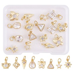 16Pcs 8 Style Brass Micro Pave Cubic Zirconia Charms, with Jump Ring, Butterfly & Star & Teardrop, Real 18K Gold Plated, 8.5~13x5.5~10.3x2~5.5mm, Hole: 3~3.6mm, 2pcs/style(KK-SZ0006-15)