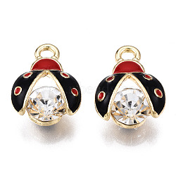 Light Gold Alloy Pendants, with Enamel and Rhinestone, Cadmium Free & Lead Free, Ladybug, Black, 15x11.5x7mm, Hole: 2mm(ENAM-S119-093-RS)