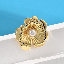 Flower Brass Finger Rings for Women, with ABS Plastic Imitation Pearl, Long-Lasting Plated, Lead Free & Cadmium Free, Real 18K Gold Plated, Inner Diameter: 18mm(RJEW-S622-06G)