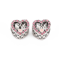 Rack Plating Alloy European Beads, with Rose Rhinestone & Pink Enamel, Large Hole Beads, Cadmium Free & Nickel Free & Lead Free, Heart with Hands, Platinum, 11x12x8.5mm, Hole: 5mm(MPDL-N039-187A)