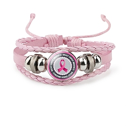 Imitation Leather Multi-strand Bracelets for Women, October Breast Cancer Pink Awareness Ribbon Iron Glass Adjustable Bracelet, Flat Round, 4-3/8 inch(11cm)(PW-WG69794-01)