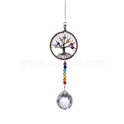 Glass Teardrop Pendant Decorations, Gemstone Bead Tree of Life Hanging Suncatchers, with Metal Findings and Chakra Glass Bead, 370mm(TREE-PW0003-10A)