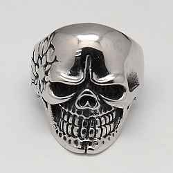 Unique Halloween Jewelry Skull Rings for Men, 304 Stainless Steel Wide Rings, Antique Silver, 17~23mm(RJEW-F006-130)