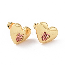 Pink Cubic Zirconia Heart Stud Earrings, Brass Jewelry for Women, Real 18K Gold Plated, 11x13mm, Pin: 0.8mm(EJEW-C008-15G)