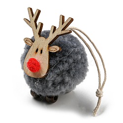 Christmas Themed Plush & Wood Deer Ball Pendant Decoration, Jute Rope Hanging Ornament, Gray, 108mm(HJEW-E008-01C)