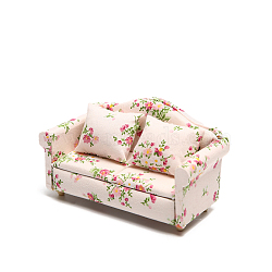 Double Seats Mini Wood Sofa, with Flower Pattern Cotton Cloth Cover & Pillow, Dollhouse Furniture Accessories, for Miniature Living Room, Pink, 64x135x72mm(MIMO-PW0001-088B)