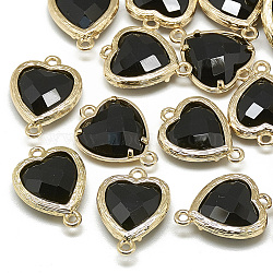 Glass Links connectors, with Golden Tone Brass Findings, Faceted, Heart, Black, 15x10x3mm, Hole: 1mm(X-GLAA-Q068-09A-01)