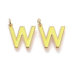 Brass Enamel Pendants, with Jump Ring, Long-Lasting Plated, Real 18K Gold Plated, Letter.W, Champagne Yellow, Letter.W, W: 18x17x1.8mm, Jump Rings: Inner Diameter: 3mm(KK-R139-02W)