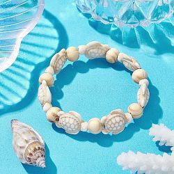 Beach Turtle Dyed Synthetic Turquoise Stretch Bracelets, Summer Wood Beaded Kid Bracelets for Girls, Floral White, Inner Diameter: 1-5/8~1-7/8 inch(4.05~4.85cm), Bead: 7x8~8.5mm, Turtle: 17~18x13~14mm(BJEW-JB10290)