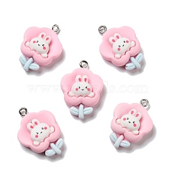 Opaque Resin Pendants, with Platinum Tone Iron Loops, Flower with Rabbit, Pink, 27.5x19.5x7mm, Hole: 2mm(RESI-D055-080P)