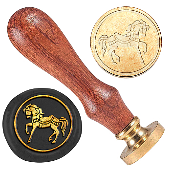 Wax Seal Stamp Set, 1Pc Golden Tone Sealing Wax Stamp Solid Brass Head, with 1Pc Wood Handle, for Envelopes Invitations, Gift Card, Horse, 83x22mm
