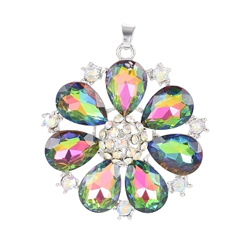 Alloy Glass Pendants, with Crystal AB Rhinestone, Flower with Teardrop, Platinum, Colorful, 55x51x11mm, Hole: 5x6.5mm
