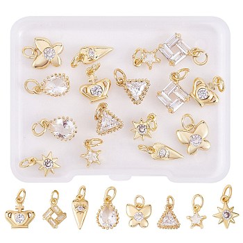 16Pcs 8 Style Brass Micro Pave Cubic Zirconia Charms, with Jump Ring, Butterfly & Star & Teardrop, Real 18K Gold Plated, 8.5~13x5.5~10.3x2~5.5mm, Hole: 3~3.6mm, 2pcs/style