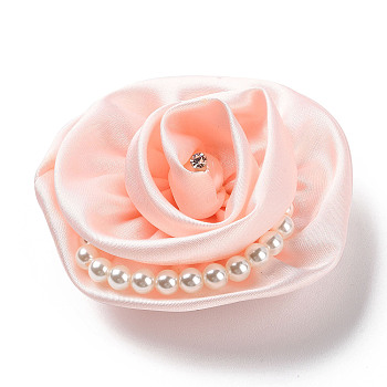 Flower Cloth with Plastic Pearl Brooch Pin, Platinum Tone Iron Pin for Clothes Bags, Pink, 70~75x72~80x27~32mm