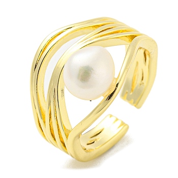 Natural Pearl Open Cuff Ring, Brass Hollow Finger Ring, Real 14K Gold Plated, US Size 7(17.3mm)