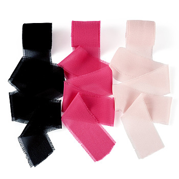 3 Rolls Polyester Raw Edges Ribbons, for Gift Decoration, Pink, 1-1/4~1-5/8 inch(33~40mm), about 5.47 Yards(5m)/Roll