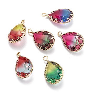 Two Tone Transparent Glass Pendants, with Golden Plated Brass Settings, Faceted, Teardrop, Mixed Color, 22.5x13.5x8.5mm, Hole: 2mm