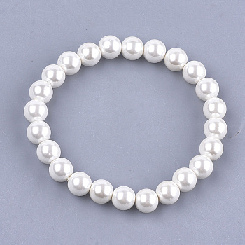 Shell Pearl Beaded Stretch Bracelets, Round, Creamy White, 2~2-1/8 inch(5~5.5cm), 8.5mm