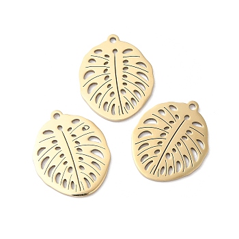 Ion Plating(IP) 316L Surgical Stainless Steel Pendants, Leaf Charm, Hollow, Real 18K Gold Plated, 21.5x17.5x1mm, Hole: 1.4mm