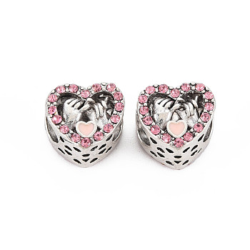 Rack Plating Alloy European Beads, with Rose Rhinestone & Pink Enamel, Large Hole Beads, Cadmium Free & Nickel Free & Lead Free, Heart with Hands, Platinum, 11x12x8.5mm, Hole: 5mm