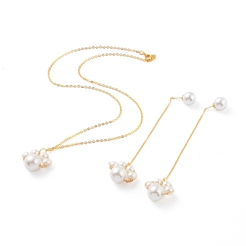 Dog Paw Prints Pendant Necklace & Dangle Earrings Jewelry Sets, with Glass Pearl Beads, Acrylic Imitation Pearl Ear Nuts, Brass Stud Earring Findings and Cable Chains, Beige, Necklace: 18.43 inch(46.8cm), Earring: 110mm, Pin: 0.6mm