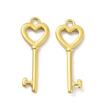 Ion Plating(IP) 304 Stainless Steel Pendants, Heart Key Charm, Real 14K Gold Plated, 24x9x2mm, Hole: 1.6mm