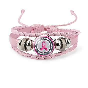 Imitation Leather Multi-strand Bracelets for Women, October Breast Cancer Pink Awareness Ribbon Iron Glass Adjustable Bracelet, Flat Round, 4-3/8 inch(11cm)