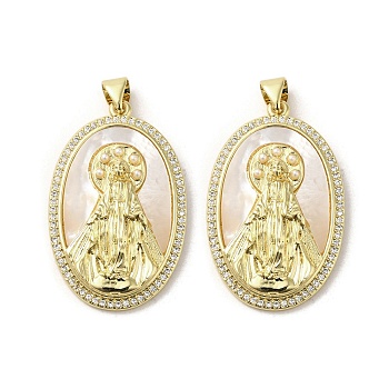 Brass Pave Shell Pendants, Religion Virgin Mary Charms with ABS Imitation Pearl, Real 18K Gold Plated, Oval, 32x20x5mm, Hole: 3.5x5mm