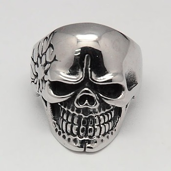 Unique Halloween Jewelry Skull Rings for Men, 304 Stainless Steel Wide Rings, Antique Silver, 17~23mm