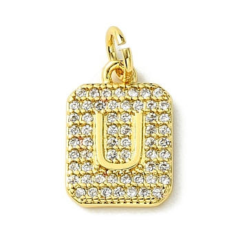 Rack Plating Brass Micro Pave Clear Cubic Zirconia Charms, Long-Lasting Plated, Lead Free & Cadmium Free, Rectangle with Letter Pattern, with Jump Ring, Real 18K Gold Plated, Letter U, 14x9.5x2mm, Hole: 3mm