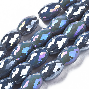 Electroplate Glass Beads Strands, AB Color Plated, Faceted, Oval, Steel Blue, 11x8mm, Hole: 1.2mm, about 60pcs/strand, 26.38 inch(67cm)